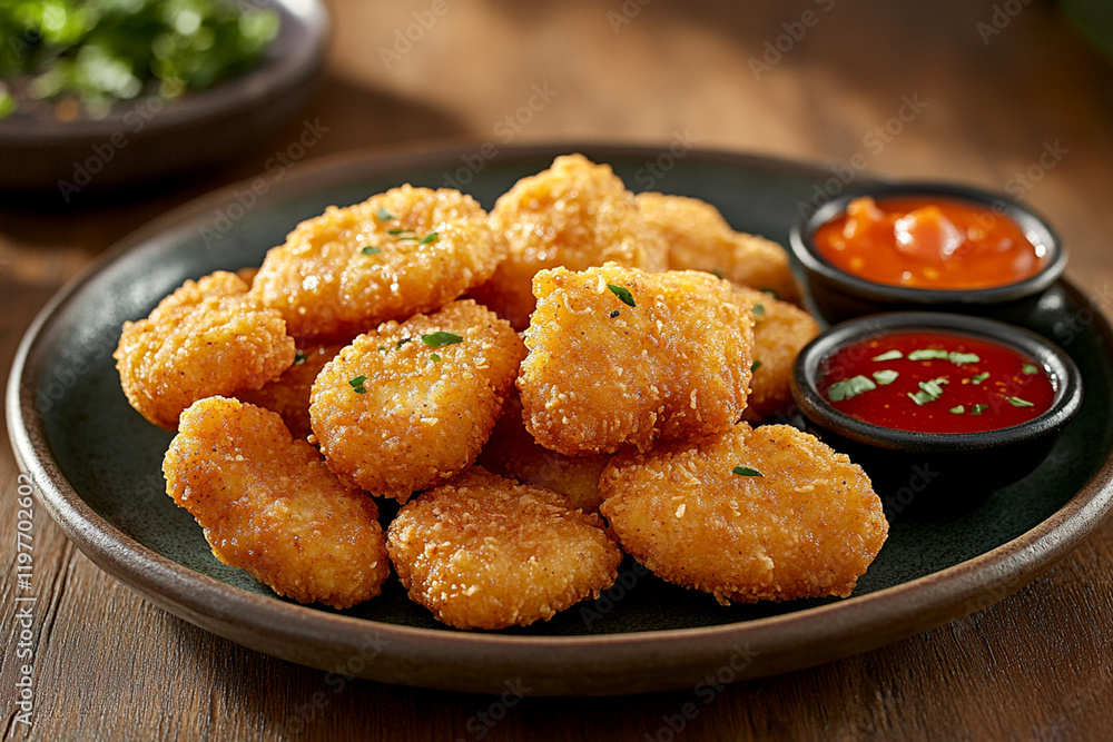 plate of freshly fried chicken nuggets with dipping sauces on wooden table plate of freshly fried chicken nuggets with dipping sauces on wooden table
