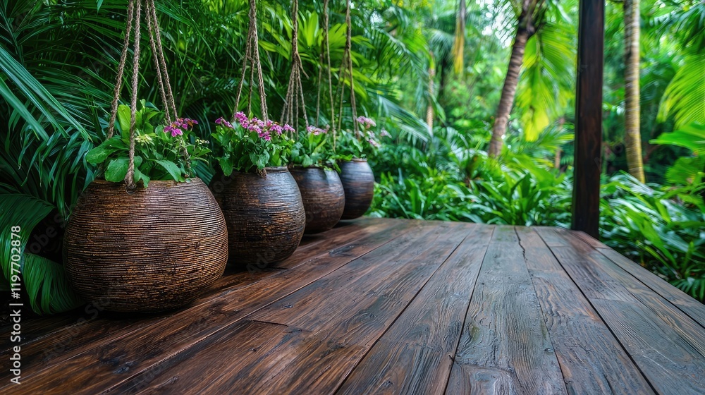 Tropical garden patio with hanging flower pots Tropical garden patio with hanging flower pots