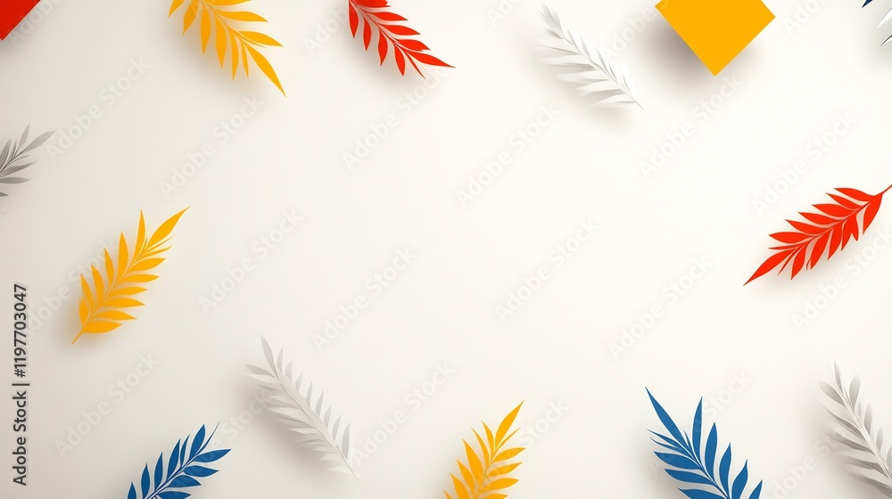 Vibrant paper leaves playfully arranged on white background create cheerful summer mood. AI Generated Vibrant paper leaves playfully arranged on white background create cheerful summer mood. AI Generated