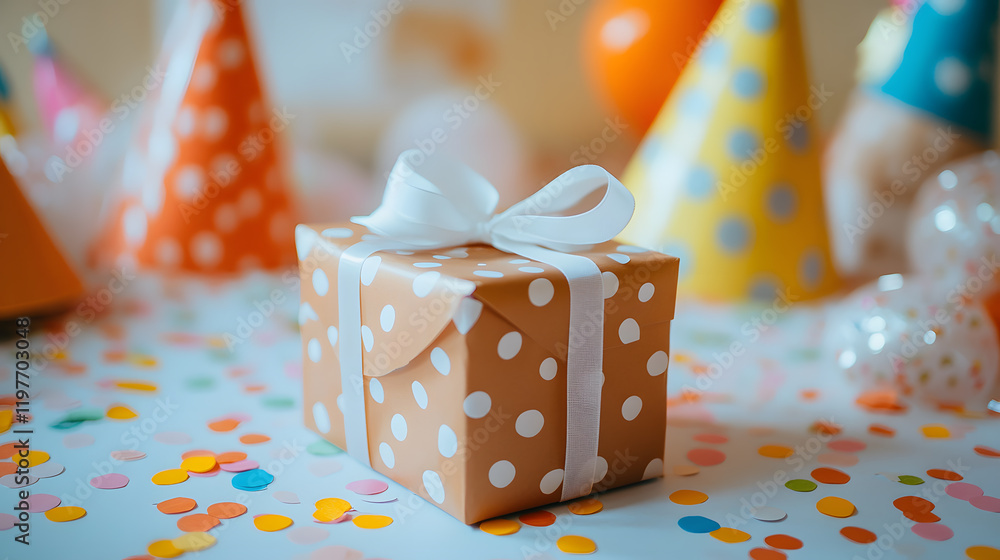 A gift box with white polka dots and a white ribbon sits on a table scattered with colorful confetti and party hats. Perfect for birthday celebrations or festive occasions. A gift box with white polka dots and a white ribbon sits on a table scattered with colorful confetti and party hats. Perfect for birthday celebrations or festive occasions.