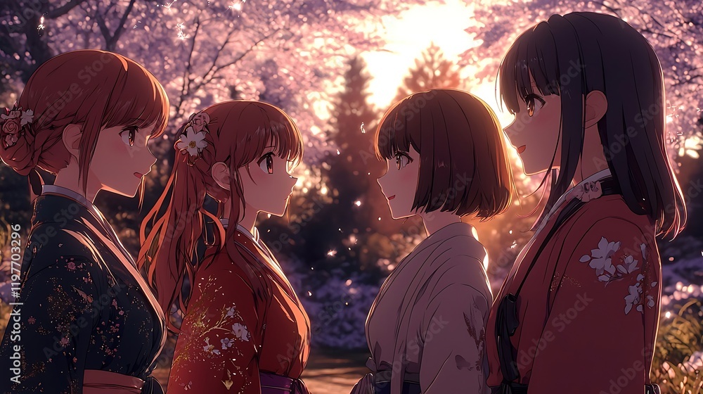 Obraz premium Serene Cherry Blossom Gathering: A group of four women in traditional attire, stand amidst the soft pink of cherry blossoms, the gentle sunlight setting the scene.
