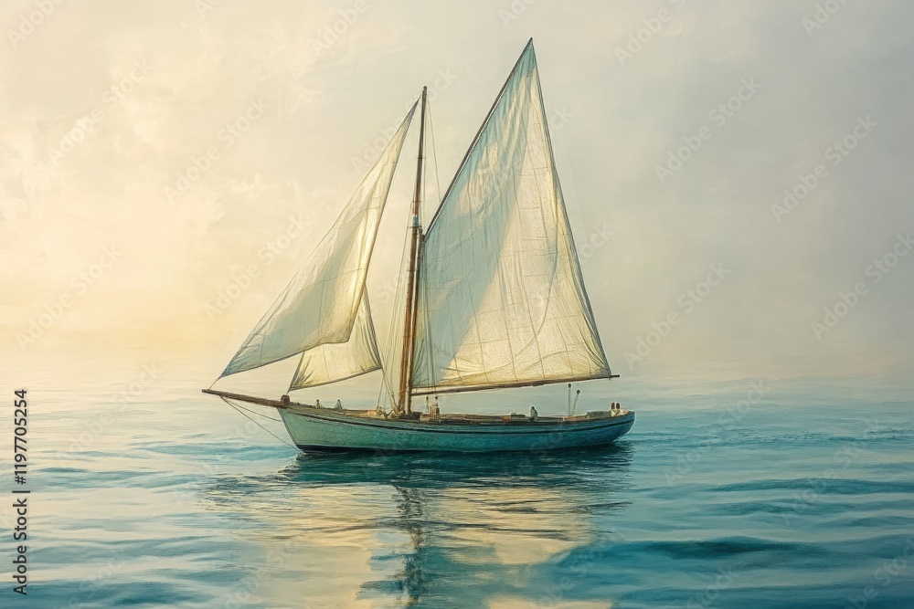 A sailboat glides serenely across a calm sea under a soft, hazy sky.