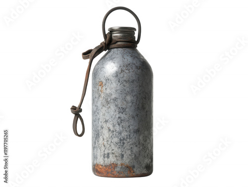 Vintage Metal Water Bottle with Leather Strap Rustic Grey Weathered Antique