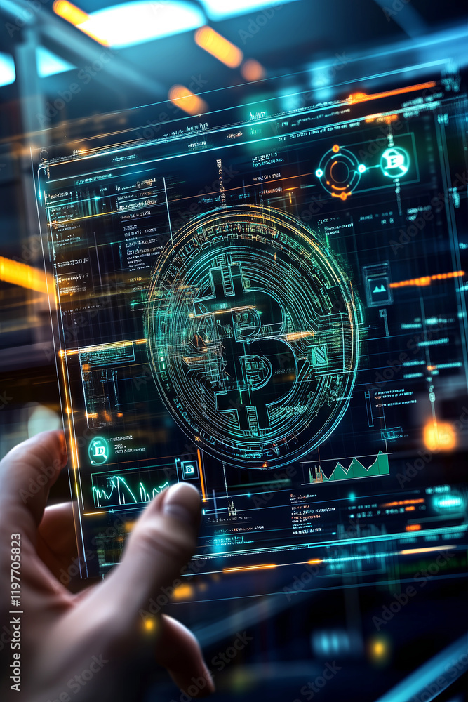 Fototapeta premium A glowing golden Bitcoin coin