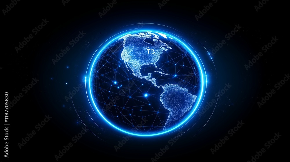 Glowing blue digital representation of Earth with vibrant cosmic background Glowing blue digital representation of Earth with vibrant cosmic background