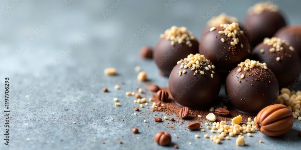Obraz premium Luxurious Dark Chocolate Truffles Decorated with Toasted Nuts and Cocoa Powder on a Textured Surface