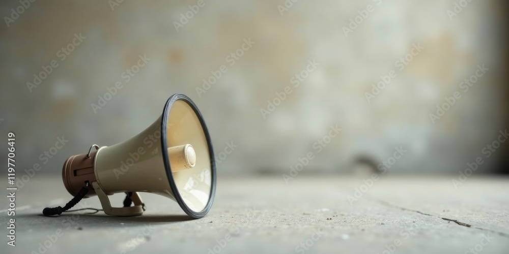 Fototapeta premium A vintage megaphone rests on a worn concrete floor against a muted background, signifying the quiet aftermath of a powerful announcement or a message waiting to be delivered.