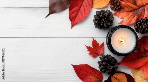autumn leaves and candles on a white wooden background