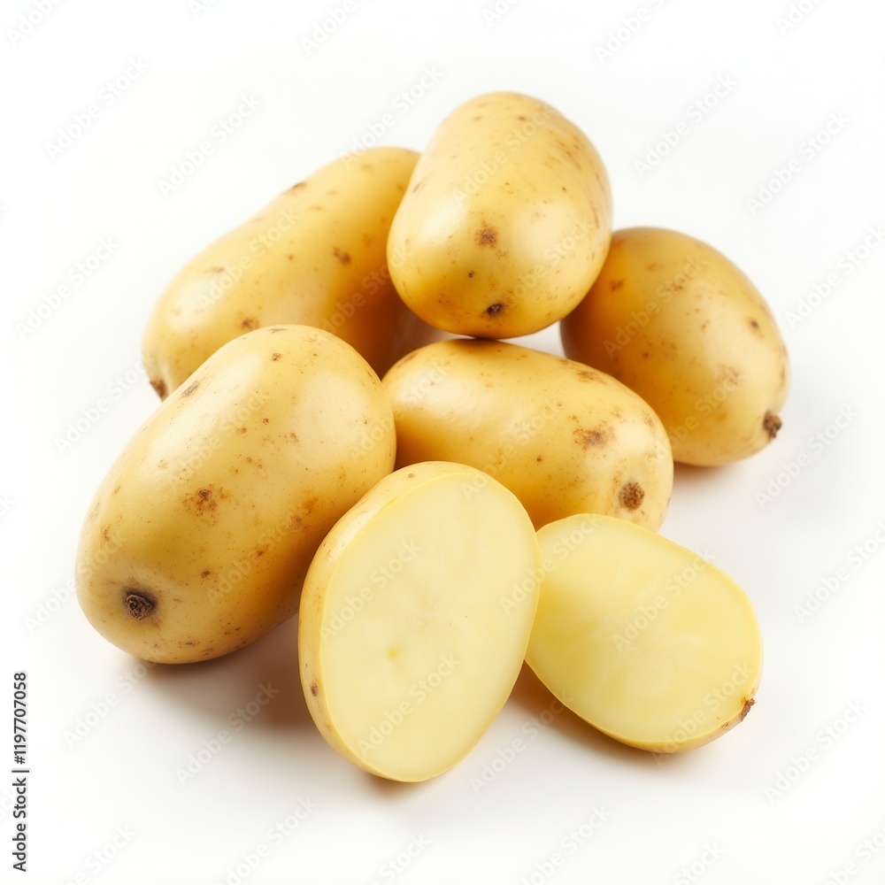 Potato Potatoes Vegetable, Many Angles And View Side Top Front Cluster Group Slice Cut Isolated On White Background Potato Potatoes Vegetable, Many Angles And View Side Top Front Cluster Group Slice Cut Isolated On White Background