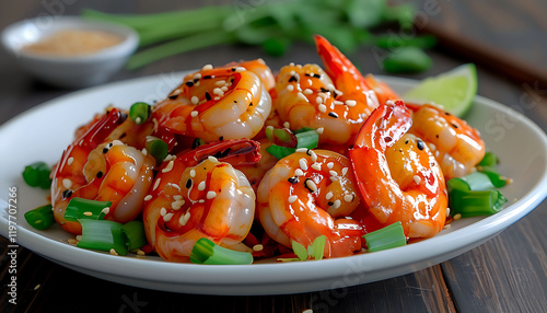 Delightful Seafood Creation Shrimp with Sesame Seeds and Green Onion photo