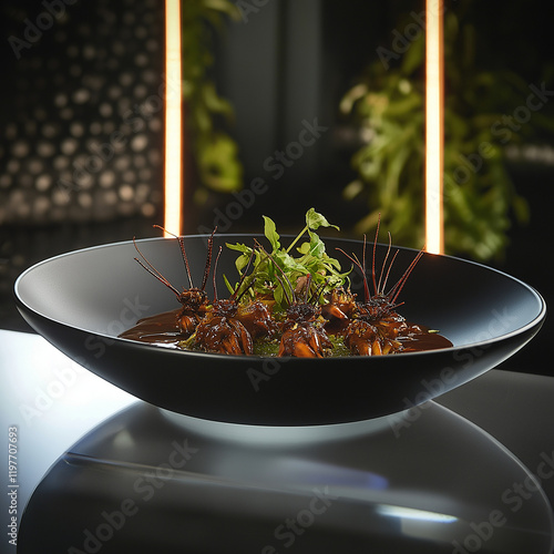 Exotic dish with roasted ingredients and smoky presentation served on artistic stoneware under dramatic lighting photo