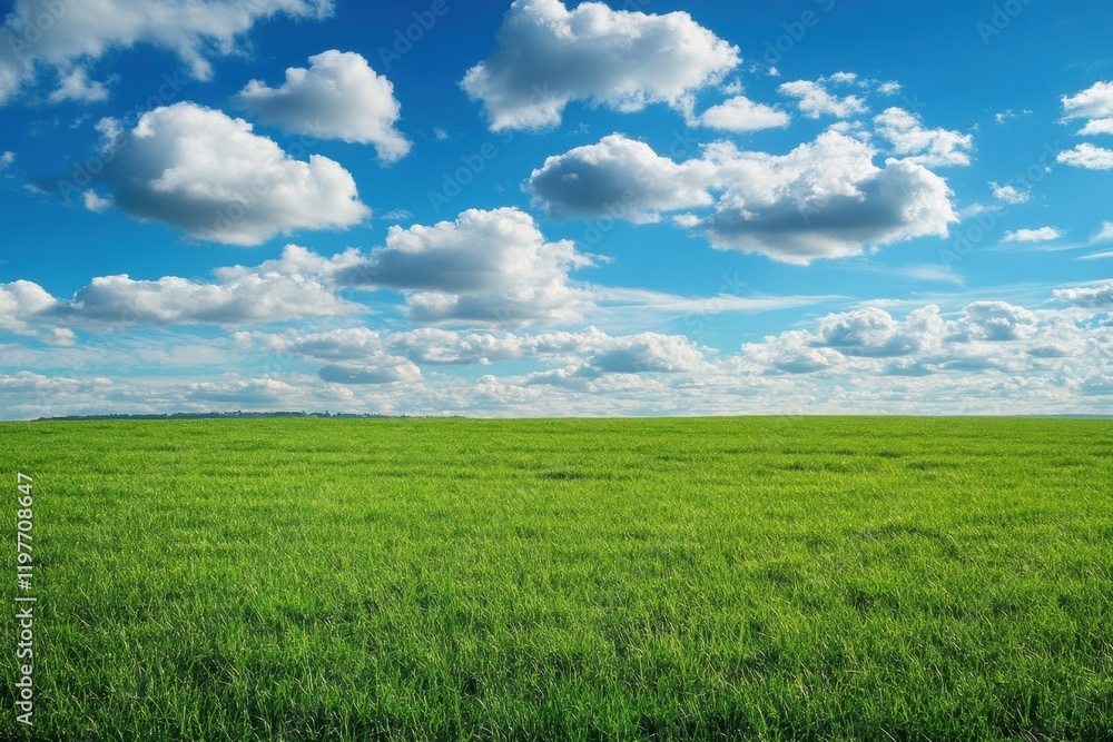 Expansive green field under a bright blue sky with fluffy clouds providing a serene outdoor landscape for text placement. Generative AI Expansive green field under a bright blue sky with fluffy clouds providing a serene outdoor landscape for text placement. Generative AI