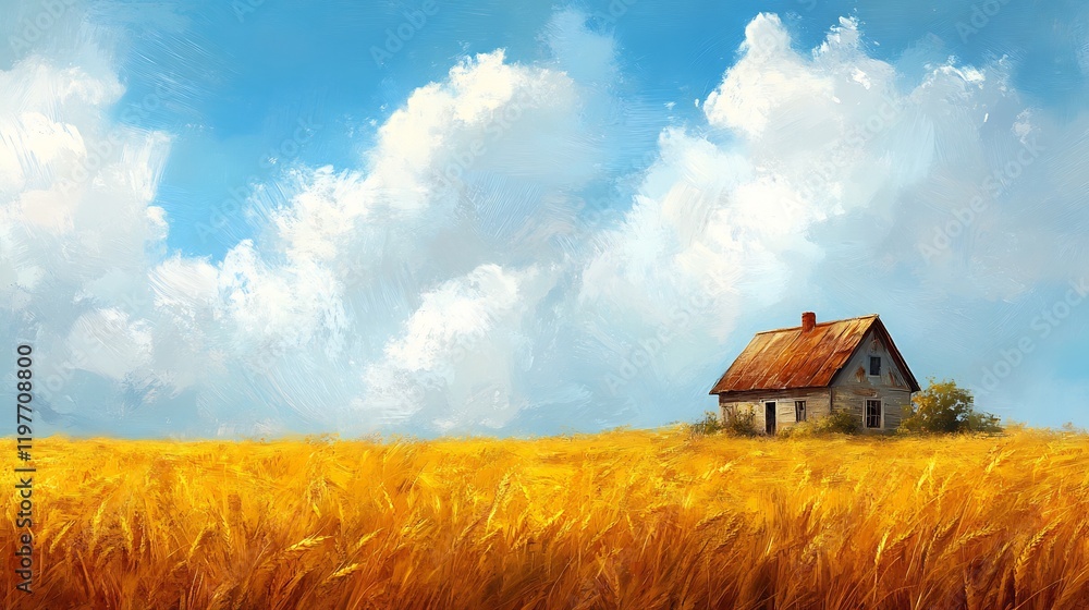 Golden Wheat Field Peaceful Rustic House Sunny Day. AI Generated Golden Wheat Field Peaceful Rustic House Sunny Day. AI Generated