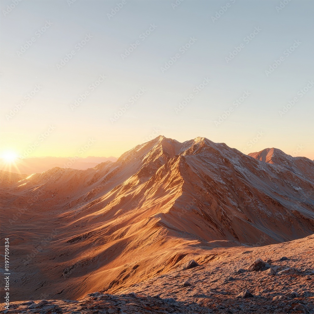 Naklejka premium Majestic crimson sunset over mountain peaks nature landscape serene environment wide angle view