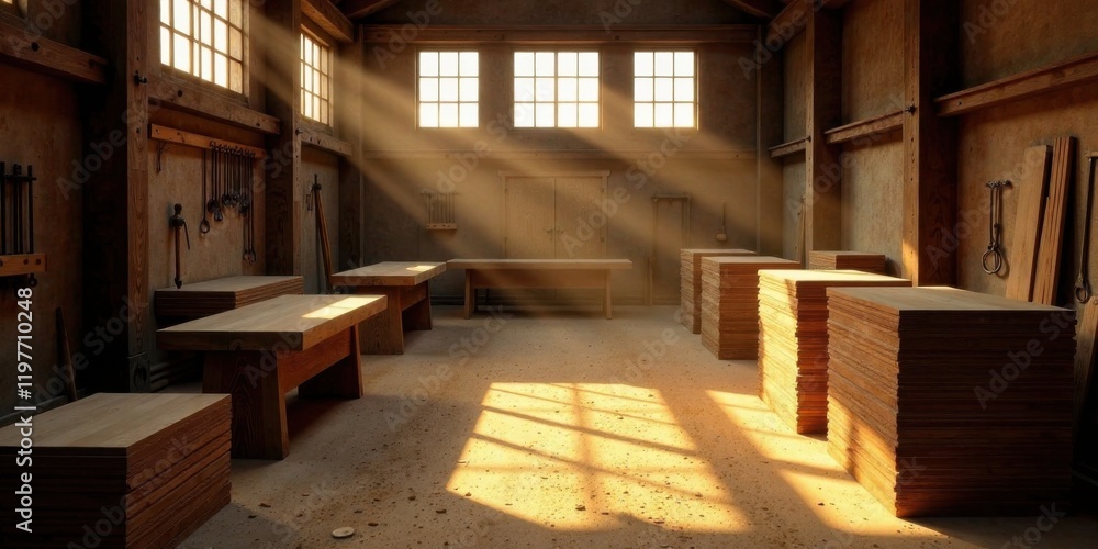 Sunlit Rustic Workshop Interior with Wooden Workbenches and Stacked Lumber