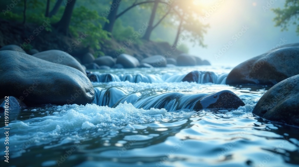 Serene Stream Flowing Over Smooth River Rocks in a Misty Forest Serene Stream Flowing Over Smooth River Rocks in a Misty Forest