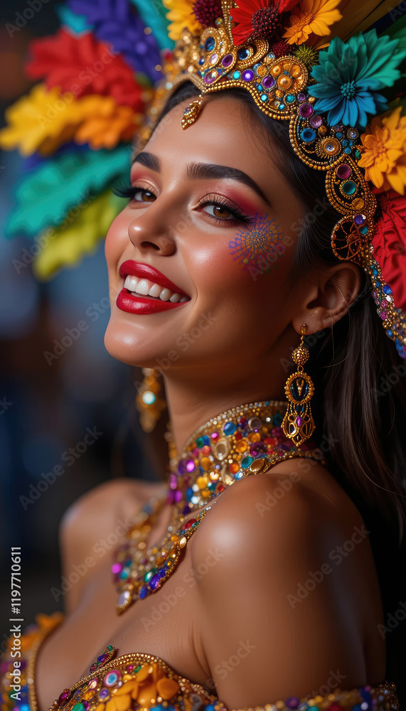beautiful smiling Woman dancer in brazilian Carnival Rio de Janeiro, samba carnival costume with colorful feathers plumage. beautiful smiling Woman dancer in brazilian Carnival Rio de Janeiro, samba carnival costume with colorful feathers plumage.