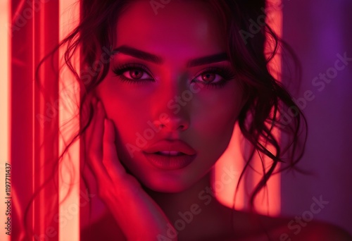 Portrait in vibrant red neon lighting with dramatic shadows and glowing effects. Modern nightclub atmosphere. Creative fashion and beauty concept for advertising with moody ambient light