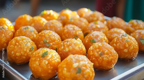 Indian Sweet Motichoor laddoo on a table. selective focus photo