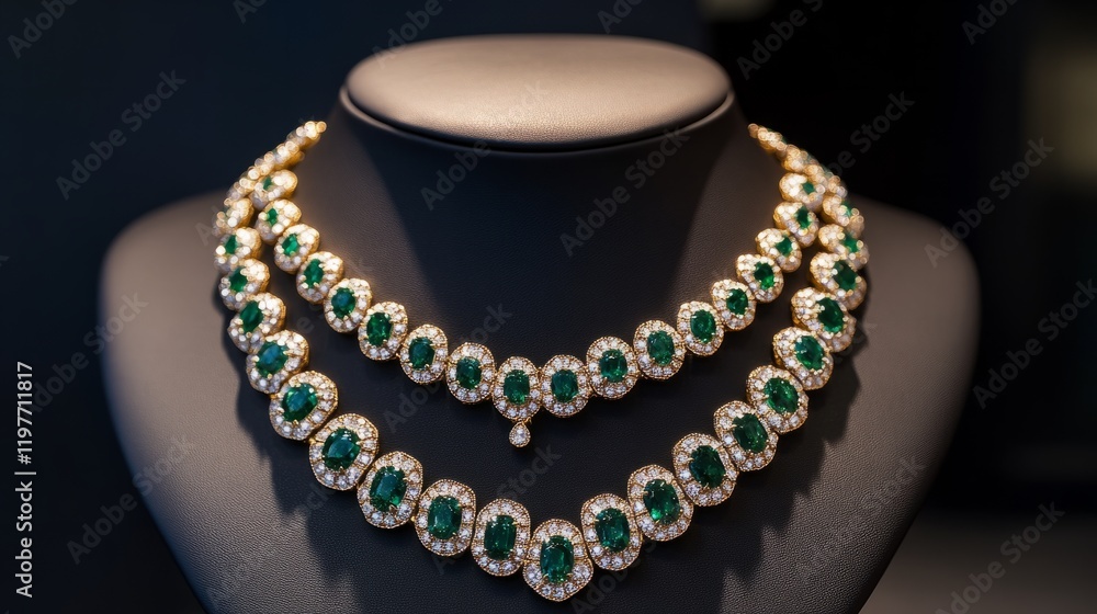 Three-strand necklace with alternating diamonds and emeralds, intricate design generative ai Three-strand necklace with alternating diamonds and emeralds, intricate design generative ai