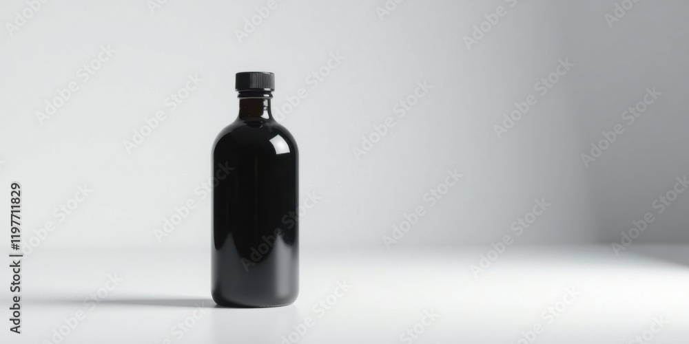A single dark glass bottle with a black cap stands on a white surface against a bright backdrop, ready for your product label design. A single dark glass bottle with a black cap stands on a white surface against a bright backdrop, ready for your product label design.