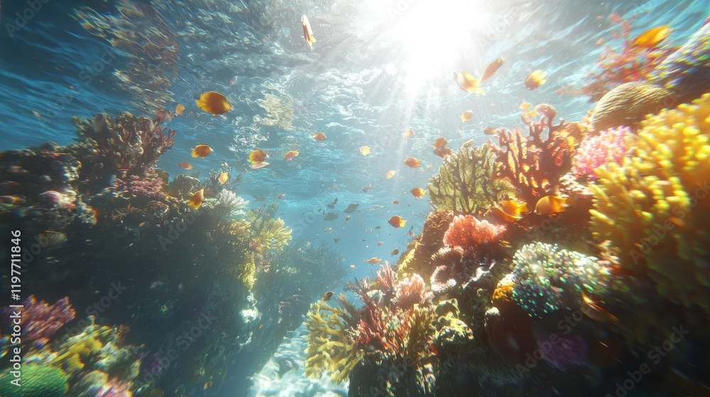 Naklejka premium Vibrant tropical coral reef life underwater paradise nature sunlit ocean environment colorful marine ecosystem