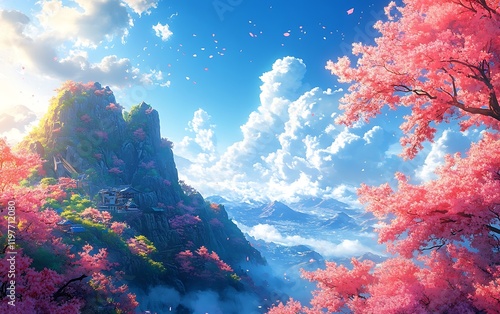 Dreamlike Pink Flower Mountain Meadow
