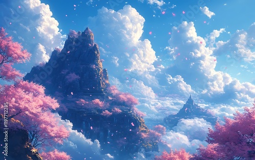 Fantasy Pink Blossom Mountain Artwork