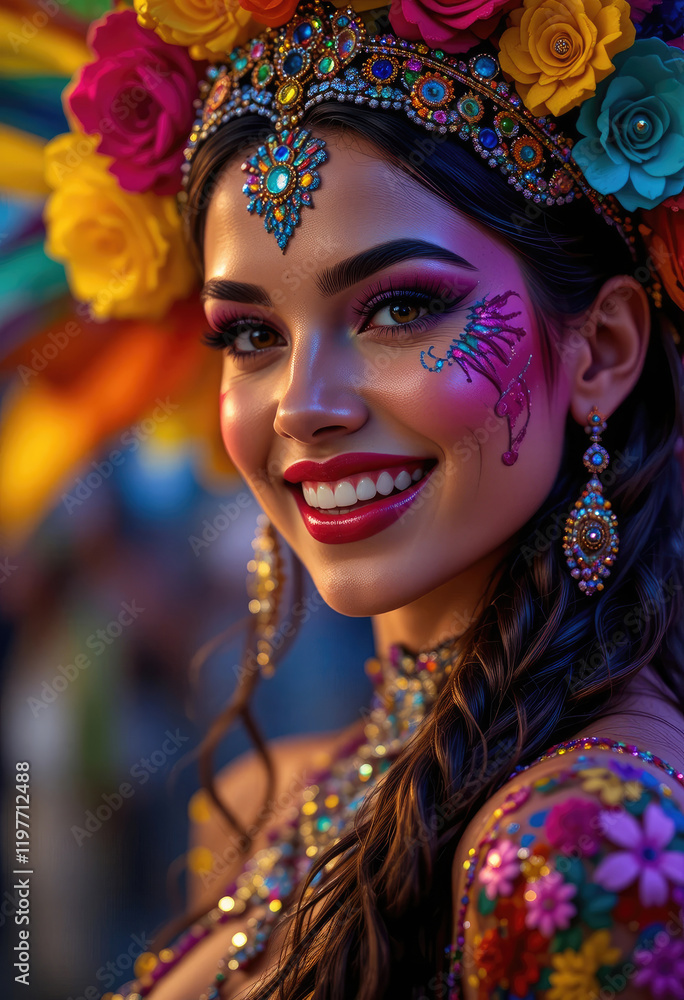 beautiful smiling Woman dancer in brazilian Carnival Rio de Janeiro, samba carnival costume with colorful feathers plumage. beautiful smiling Woman dancer in brazilian Carnival Rio de Janeiro, samba carnival costume with colorful feathers plumage.