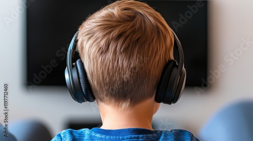 A child wearing headphones listens intently, focused on audio, with a serene background enhancing the peaceful moment. photo