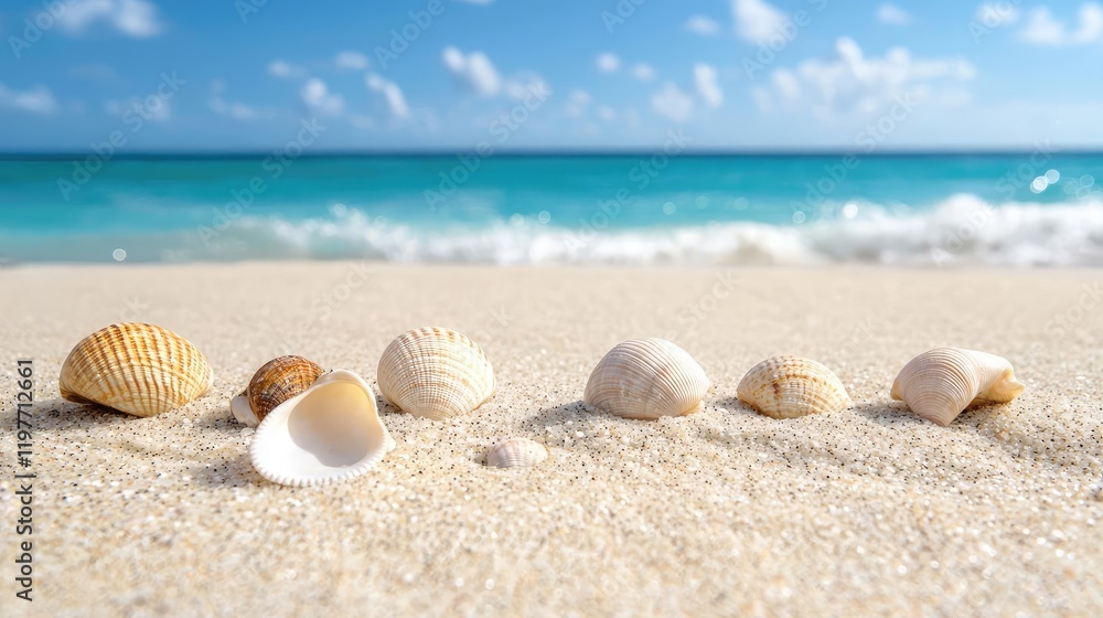 Seashells on sandy beach, turquoise ocean, sunny day; summer vacation postcard Seashells on sandy beach, turquoise ocean, sunny day; summer vacation postcard