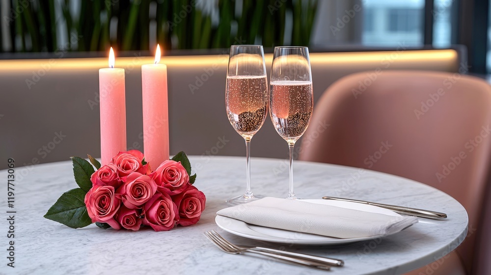 Fototapeta premium A romantic dinner setup featuring pink candles, champagne glasses, and a bouquet of roses on a marble table, perfect for special occasions.