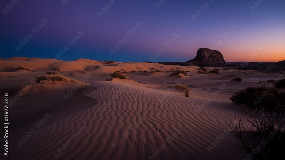 Naklejka premium Vast Desert Landscape at Twilight with Endless Golden Dunes, Sharp Shadows, and a Solitary Rock Formation Under a Deep Purple to Orange Sky