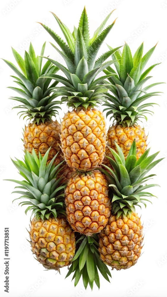 Stack of pineapples with green tops  - A vertical stack of fresh, ripe pineapples with spiky green leaves, symbolizing tropical abundance, natural sweetness, and vibrant freshness.  
