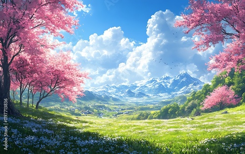 Sunny Valley with Blossoming Trees and Distant Village