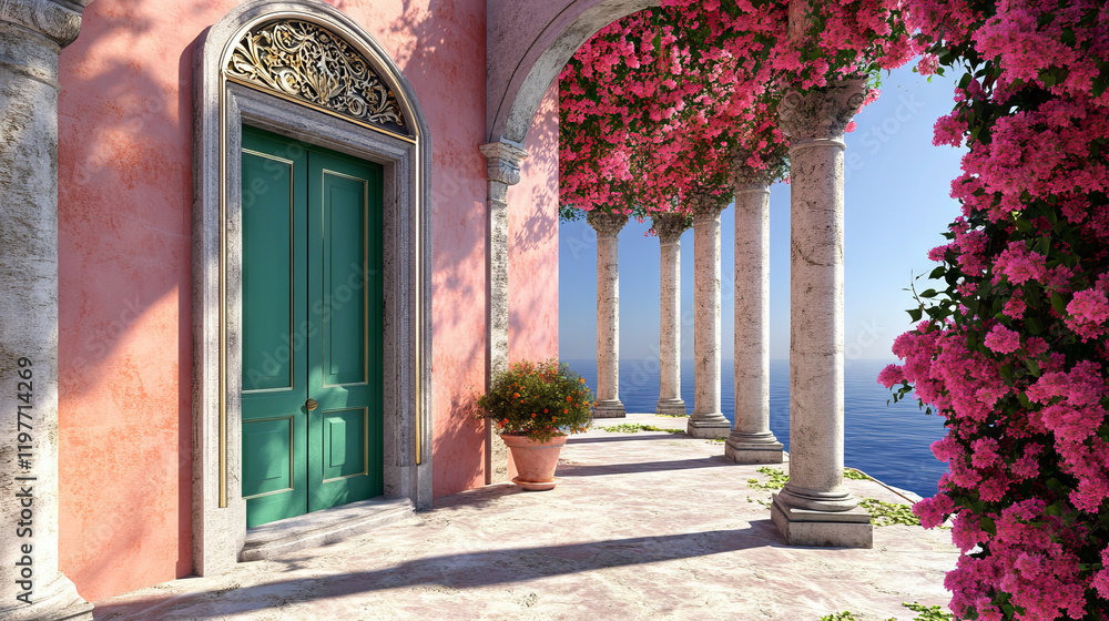 Fototapeta premium Neoclassical Villa Entrance with Floral Bougainvillea and Ocean View. Concept of Luxury Architecture, Tranquil Coastal Retreat