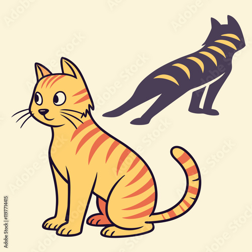 Modern flat illustration of a cat and its shadow forming a tiger, symbolizing inner strength and transformation.