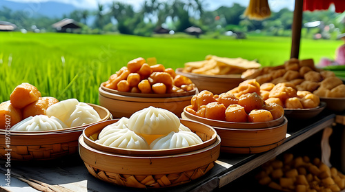 Traditional Rice Field Sweets Displayed on Wooden Platters Under Sunlight photo