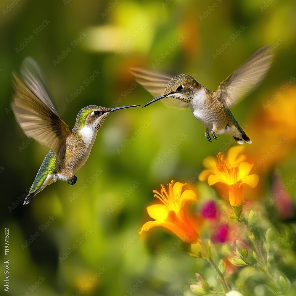 Fototapeta premium Two hummingbirds hover near vibrant flowers, showcasing their iridescent feathers in a lush garden setting.