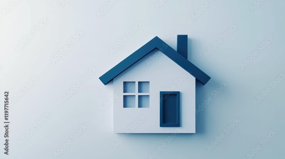 Minimalist blue and white house icon with chimney on light background Minimalist blue and white house icon with chimney on light background