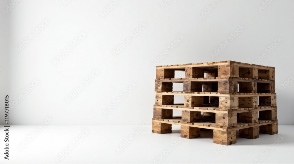 Stacked Wooden Pallets Against a Plain White Wall, Ideal for Industrial or Rustic Design Concepts Stacked Wooden Pallets Against a Plain White Wall, Ideal for Industrial or Rustic Design Concepts