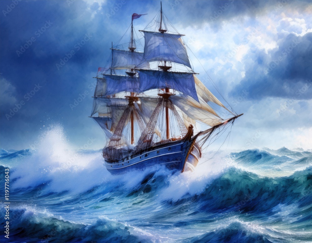 Fototapeta premium Firefly sailing through dramatic stormy waves in an intense maritime scene
