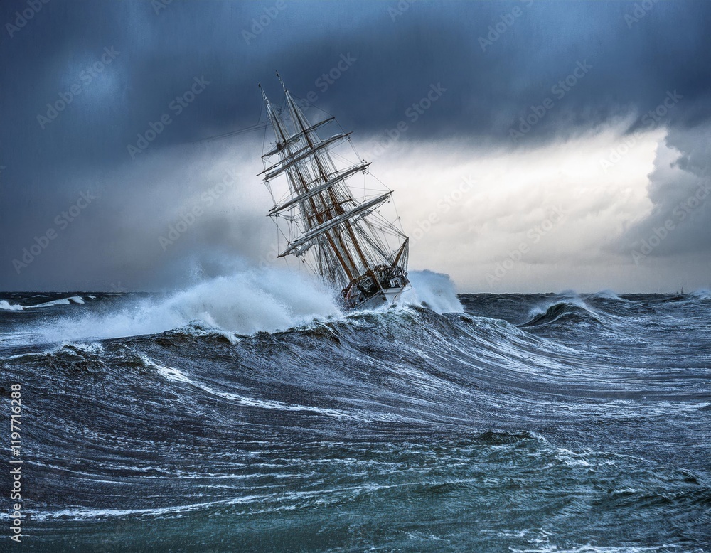 Obraz premium Stormy seas feature a historic sailing ship navigating towering waves at twilight