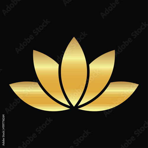 Golden Lotus flower icon. Luxury Logo Symbol for eco, beauty, zen, spa, yoga, massage, medical companies. Gold blooming lotus flower icon isolated on black background, vector illustration EPS 10.