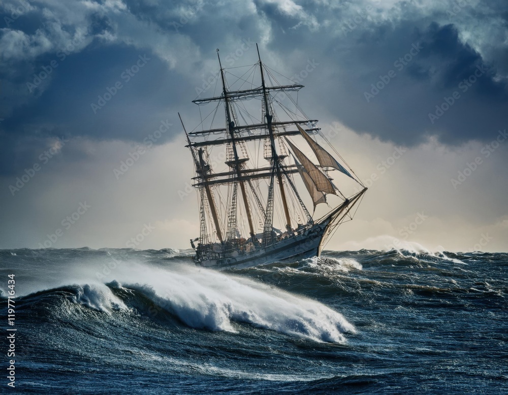 Obraz premium Historic sailing ship navigates stormy waves in the open sea with dramatic clouds overhead
