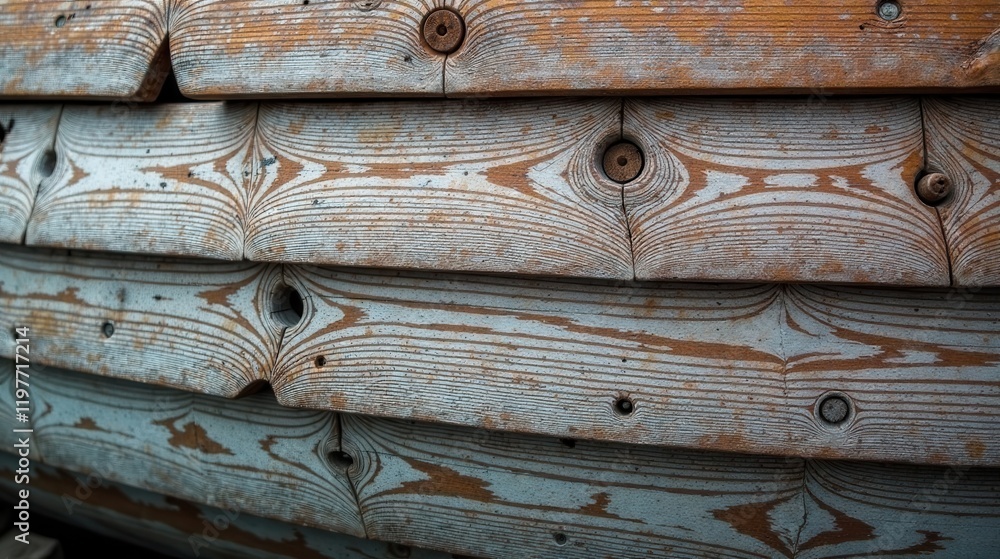 Obraz premium Close-up view of aged wooden planks showing weathered paint and natural wood grain