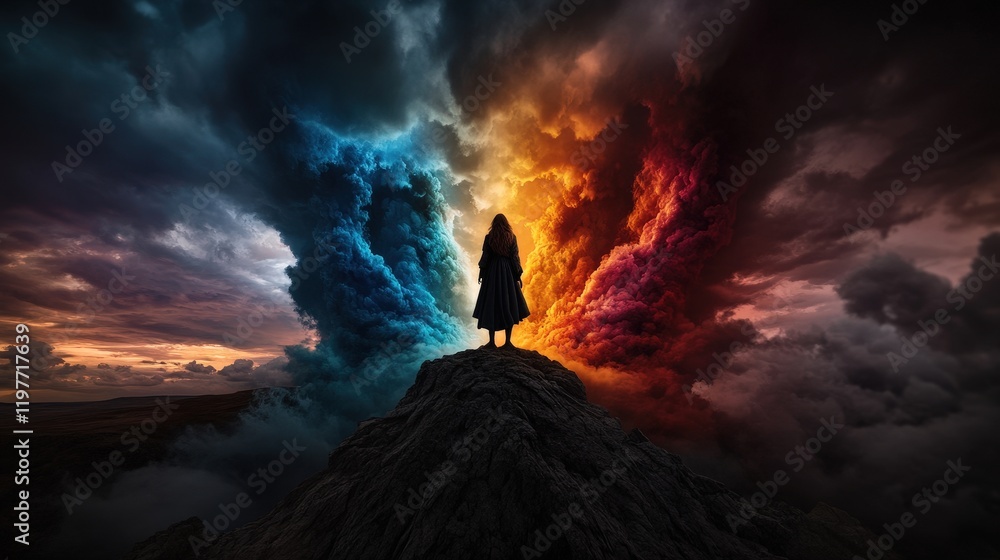 Fototapeta premium A lone figure stands atop a rugged mountain, framed by vibrant clouds of blue and red, symbolizing the contrast between calmness and chaos in the beauty of nature at dusk.