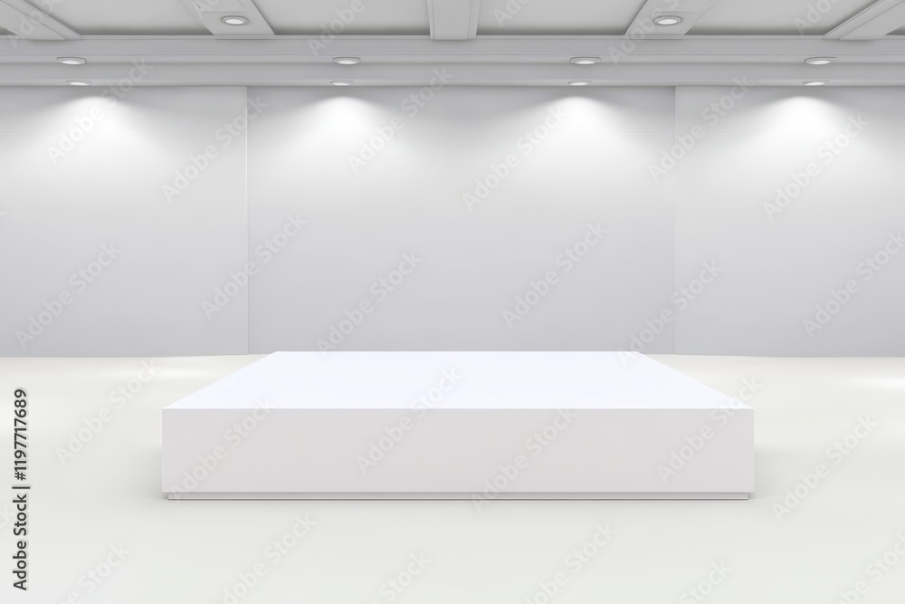 Fototapeta premium Empty White Platform in Gallery - A pristine white platform sits in a minimalist, well-lit gallery space, perfect for product displays or presentations.