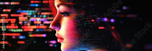 Digital Woman Profile - Abstract profile of a woman with colorful digital data overlay.  Modern technology concept.