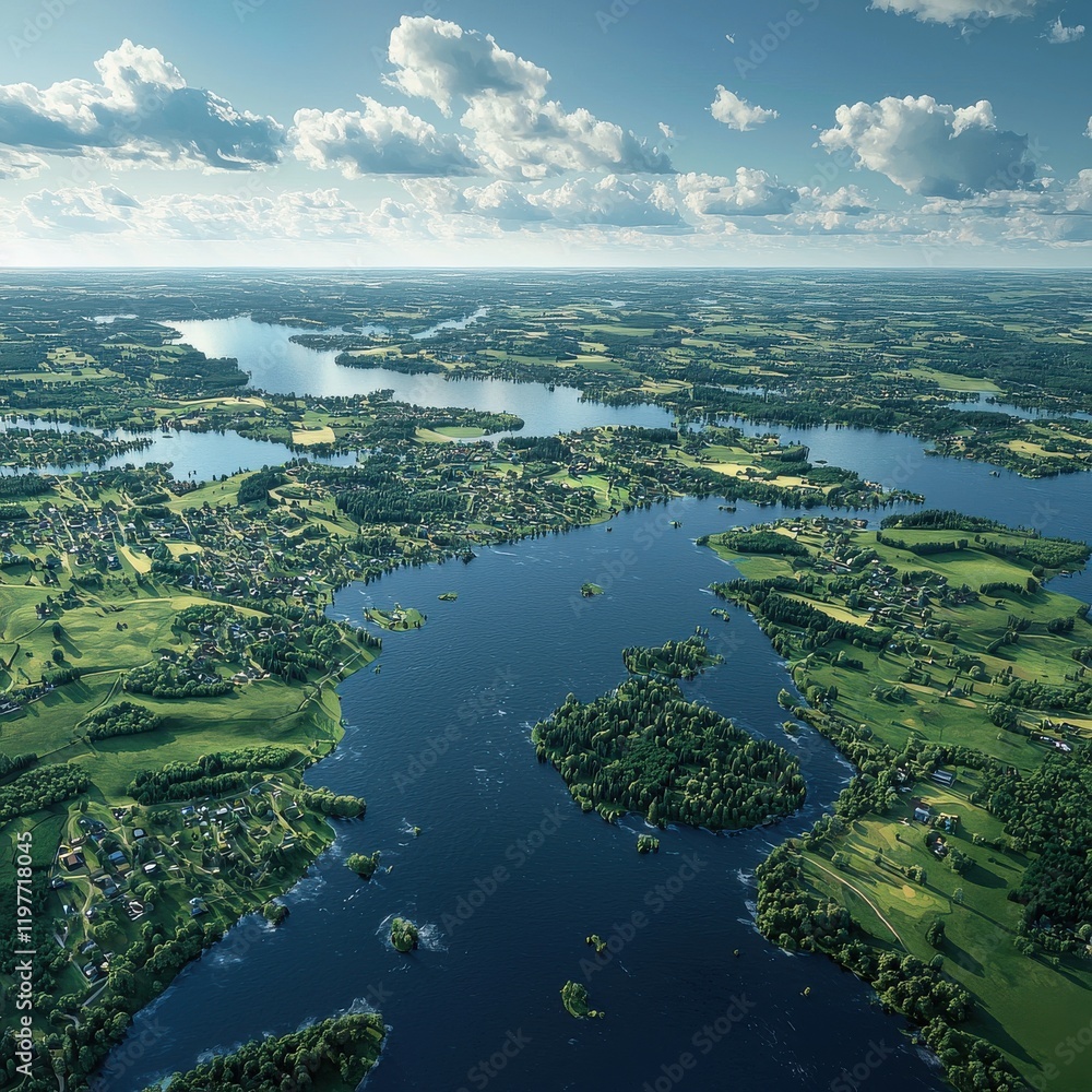 Fototapeta premium Aerial view of majestic river and lush landscapes nature scenic environment bird's eye perspective